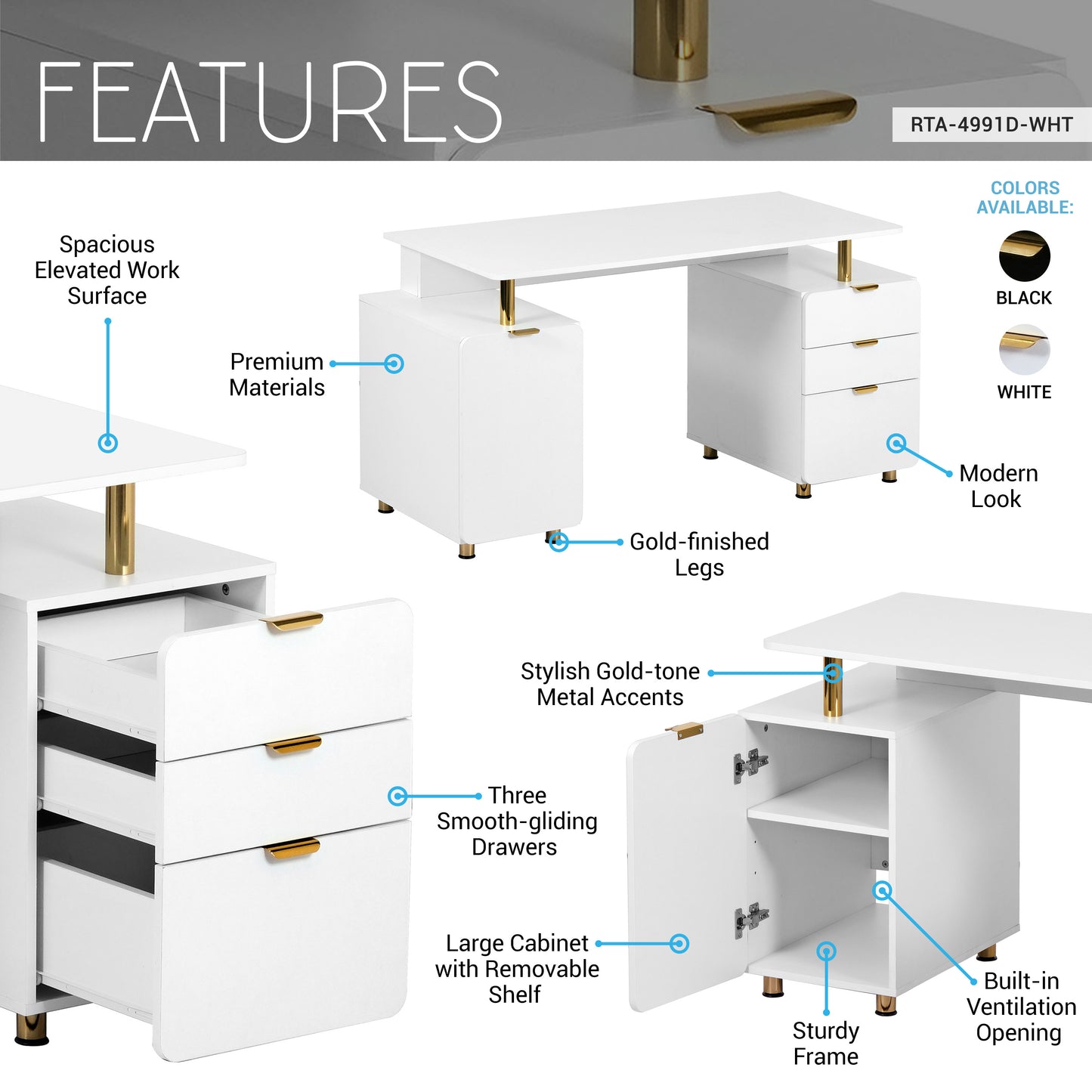 Techni Mobili Elegant Executive Desk with Gold Accents, 3 Drawers, and Cabinet with Adjustable Shelf and Ventilation, Modern Office Desk with Storage & Floating Work Surface, White & Gold