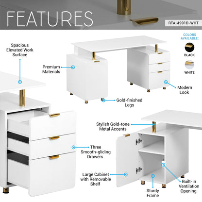 Techni Mobili Elegant Executive Desk with Gold Accents, 3 Drawers, and Cabinet with Adjustable Shelf and Ventilation, Modern Office Desk with Storage & Floating Work Surface, White & Gold