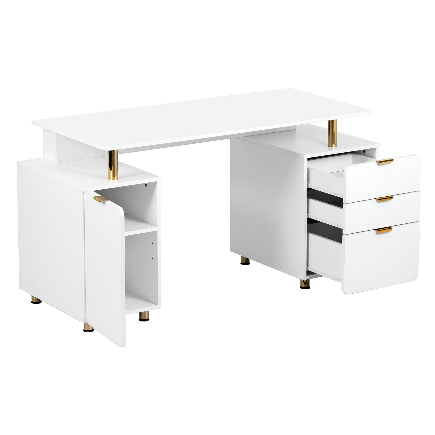 Techni Mobili Elegant Executive Desk with Gold Accents, 3 Drawers, and Cabinet with Adjustable Shelf and Ventilation, Modern Office Desk with Storage & Floating Work Surface, White & Gold