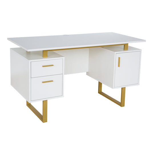 Techni Mobili White and Gold Desk for Office with Drawers & Storage, 51.25” W