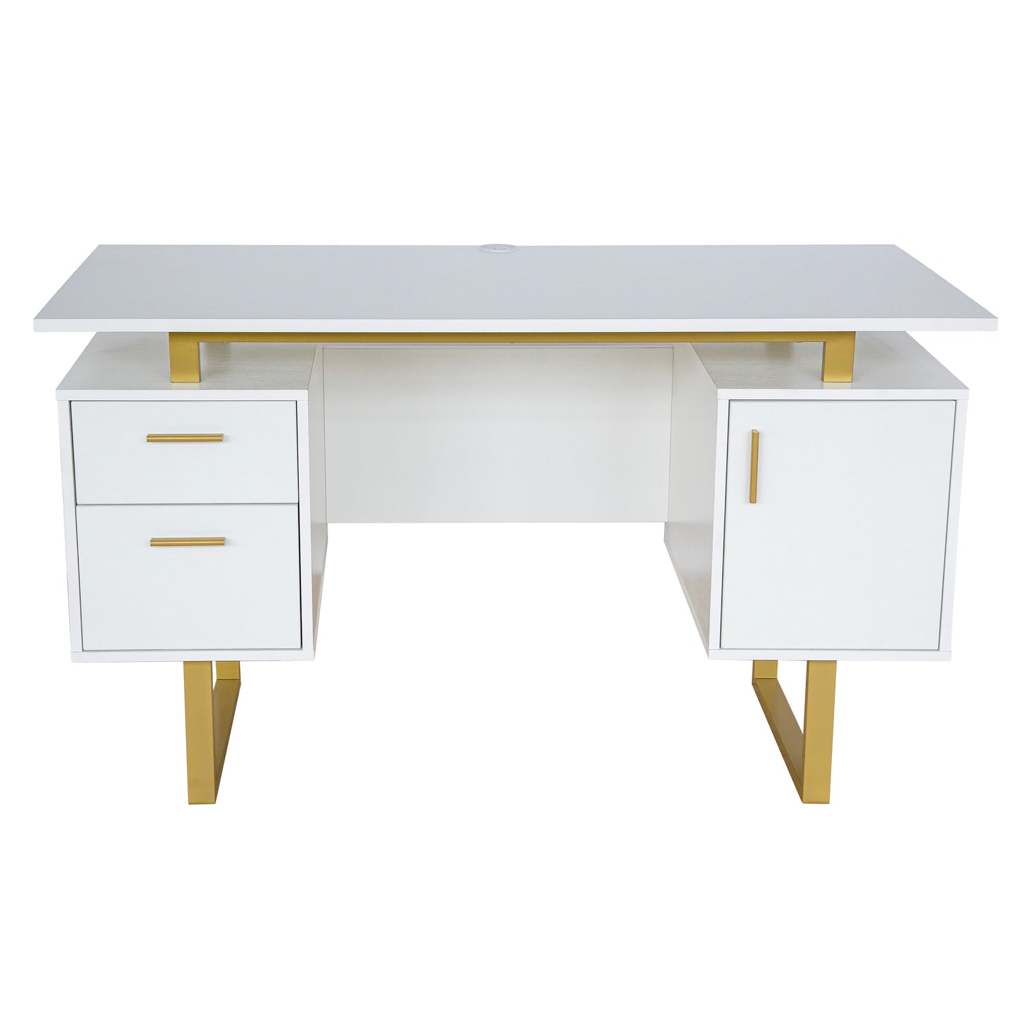 Techni Mobili White and Gold Desk for Office with Drawers & Storage, 51.25” W