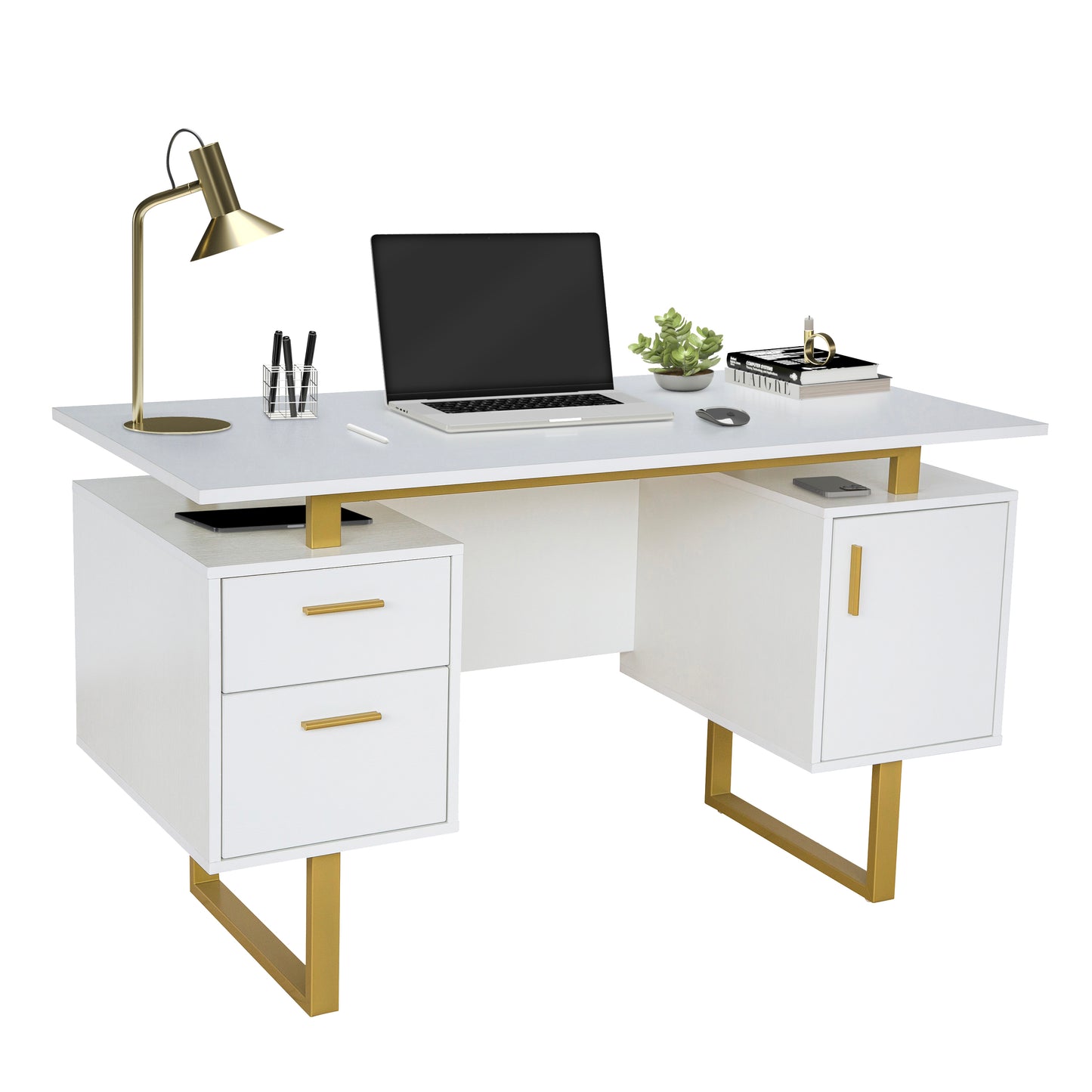 Techni Mobili White and Gold Desk for Office with Drawers & Storage, 51.25” W