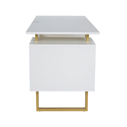 Techni Mobili White and Gold Desk for Office with Drawers & Storage, 51.25” W