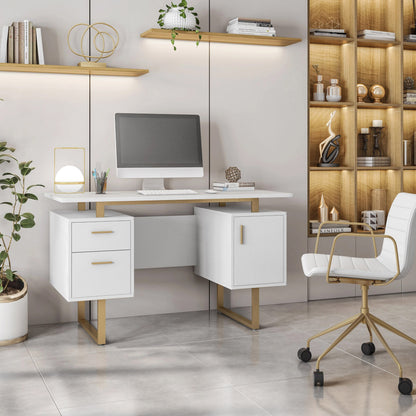 Techni Mobili White and Gold Desk for Office with Drawers & Storage, 51.25” W