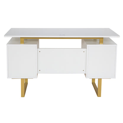 Techni Mobili White and Gold Desk for Office with Drawers & Storage, 51.25” W
