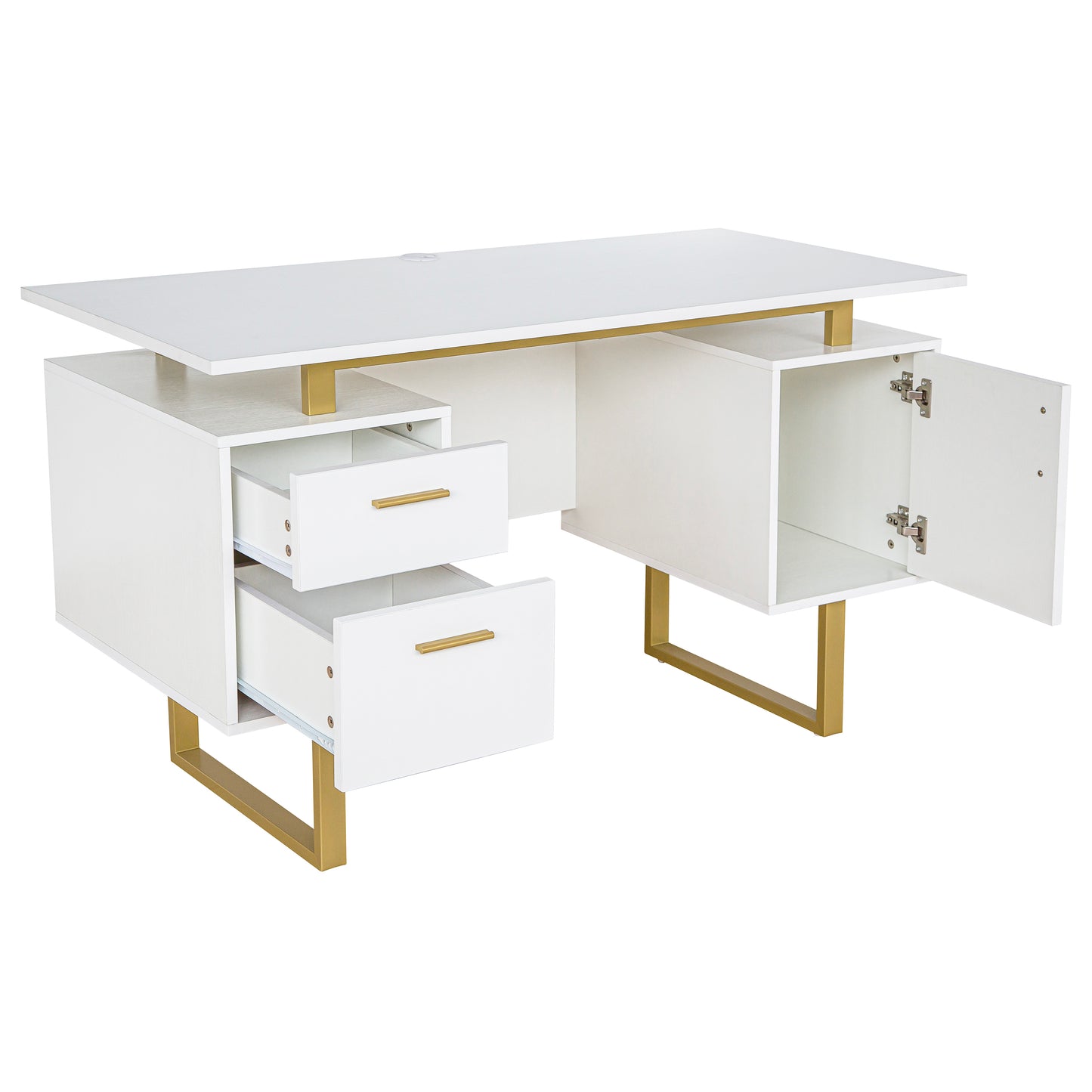 Techni Mobili White and Gold Desk for Office with Drawers & Storage, 51.25” W