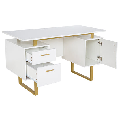 Techni Mobili White and Gold Desk for Office with Drawers & Storage, 51.25” W