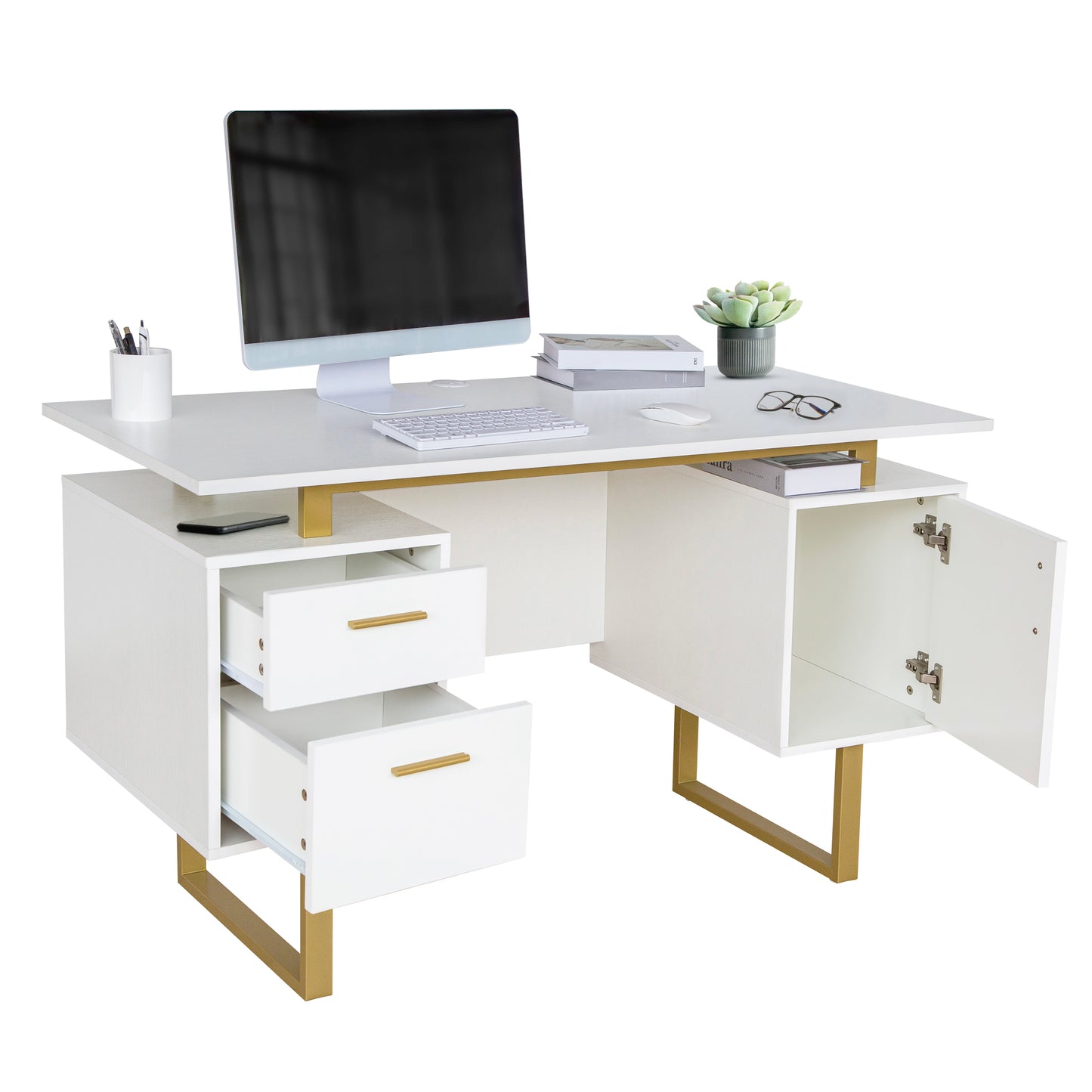Techni Mobili White and Gold Desk for Office with Drawers & Storage, 51.25” W
