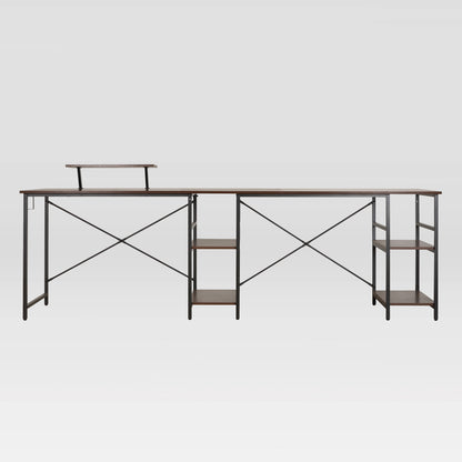 Techni Mobili L-Shape Industrial Desk with storage shelves, Walnut