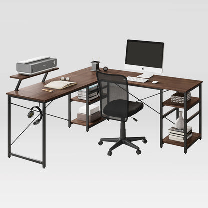 Techni Mobili L-Shape Industrial Desk with storage shelves, Walnut