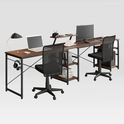 Techni Mobili L-Shape Industrial Desk with storage shelves, Walnut