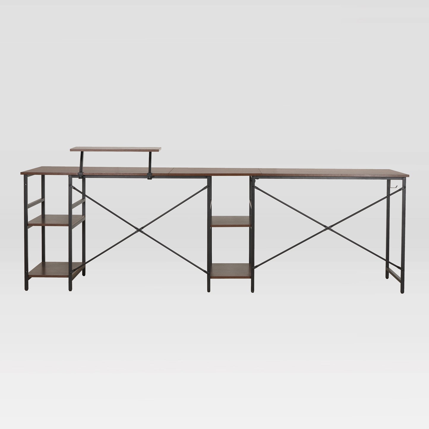 Techni Mobili L-Shape Industrial Desk with storage shelves, Walnut