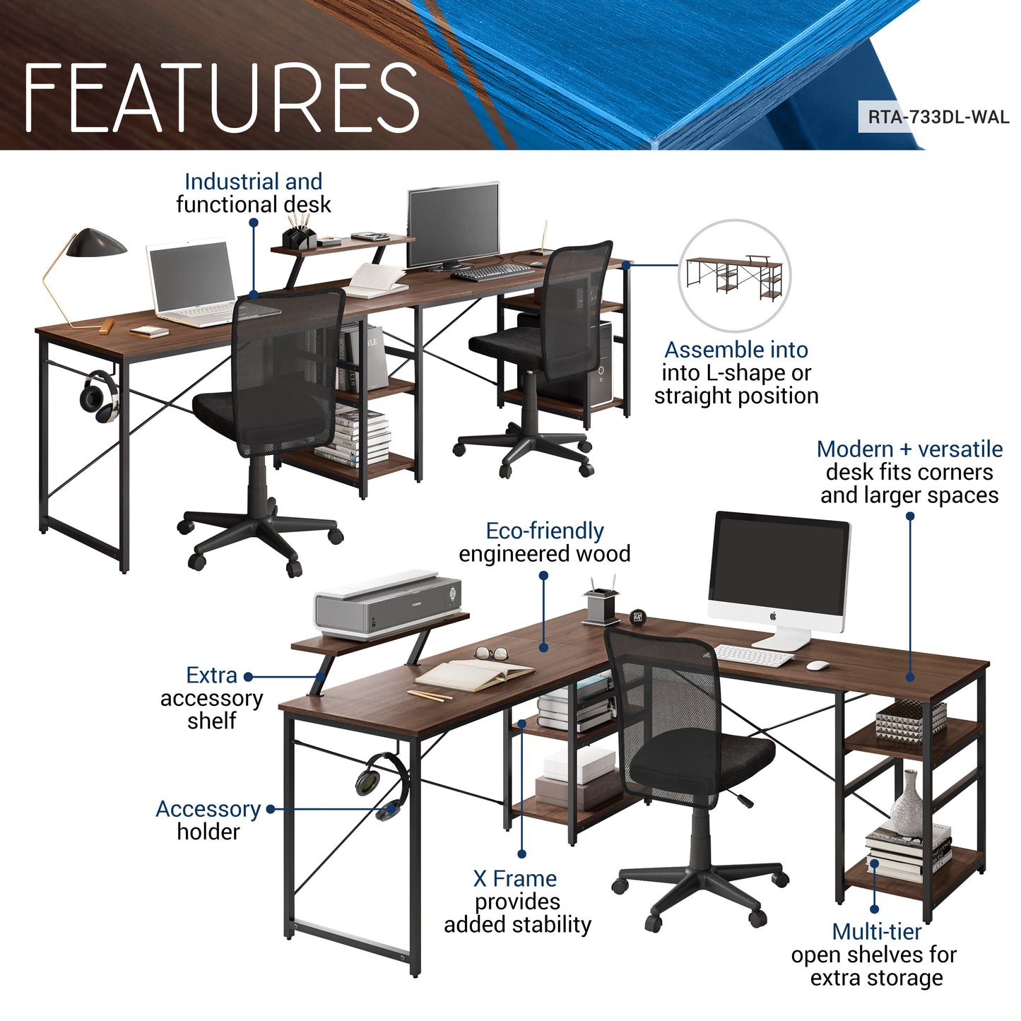 Techni Mobili L-Shape Industrial Desk with storage shelves, Walnut
