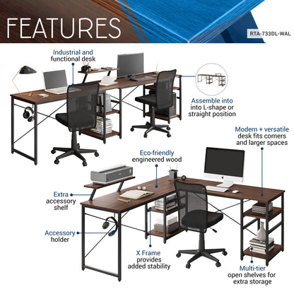 Techni Mobili L-Shape Industrial Desk with storage shelves, Walnut