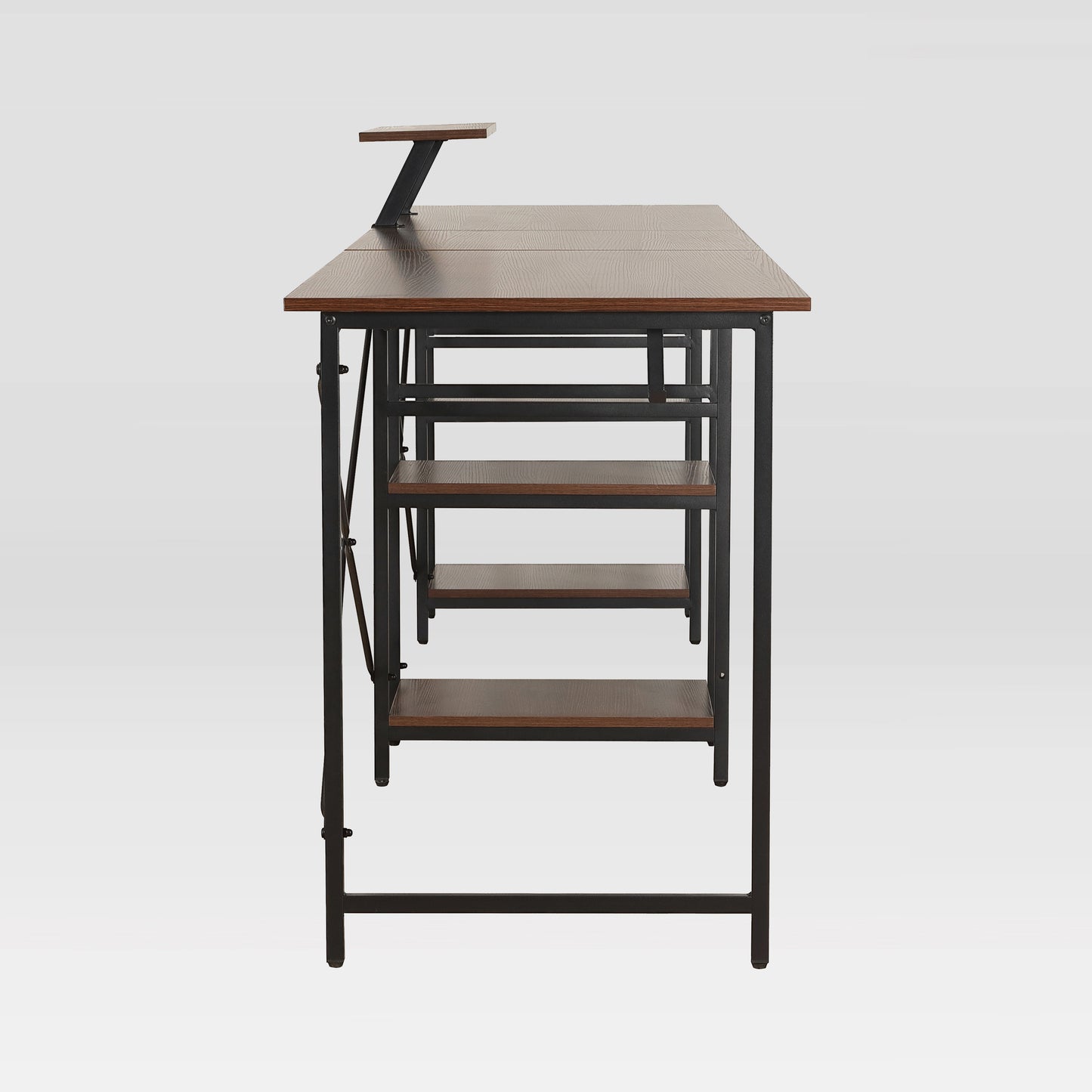 Techni Mobili L-Shape Industrial Desk with storage shelves, Walnut