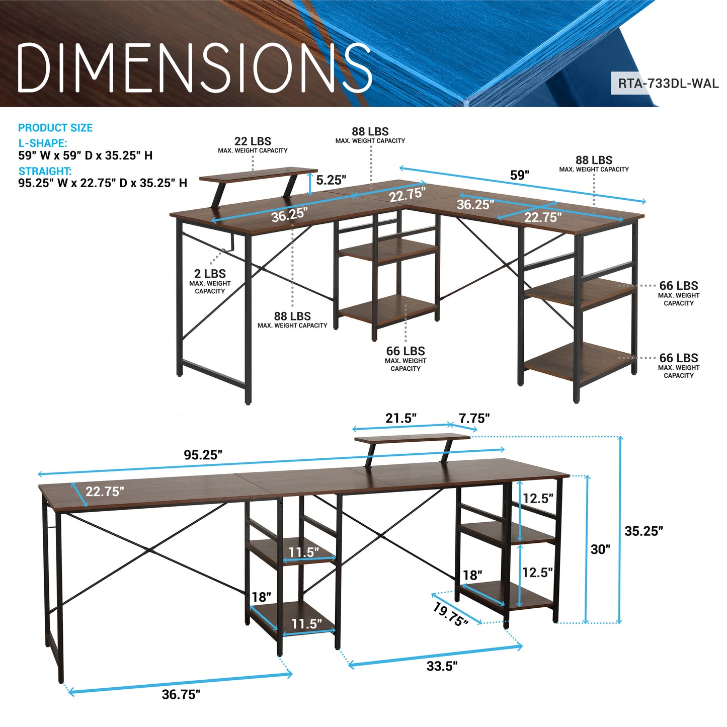 Techni Mobili L-Shape Industrial Desk with storage shelves, Walnut