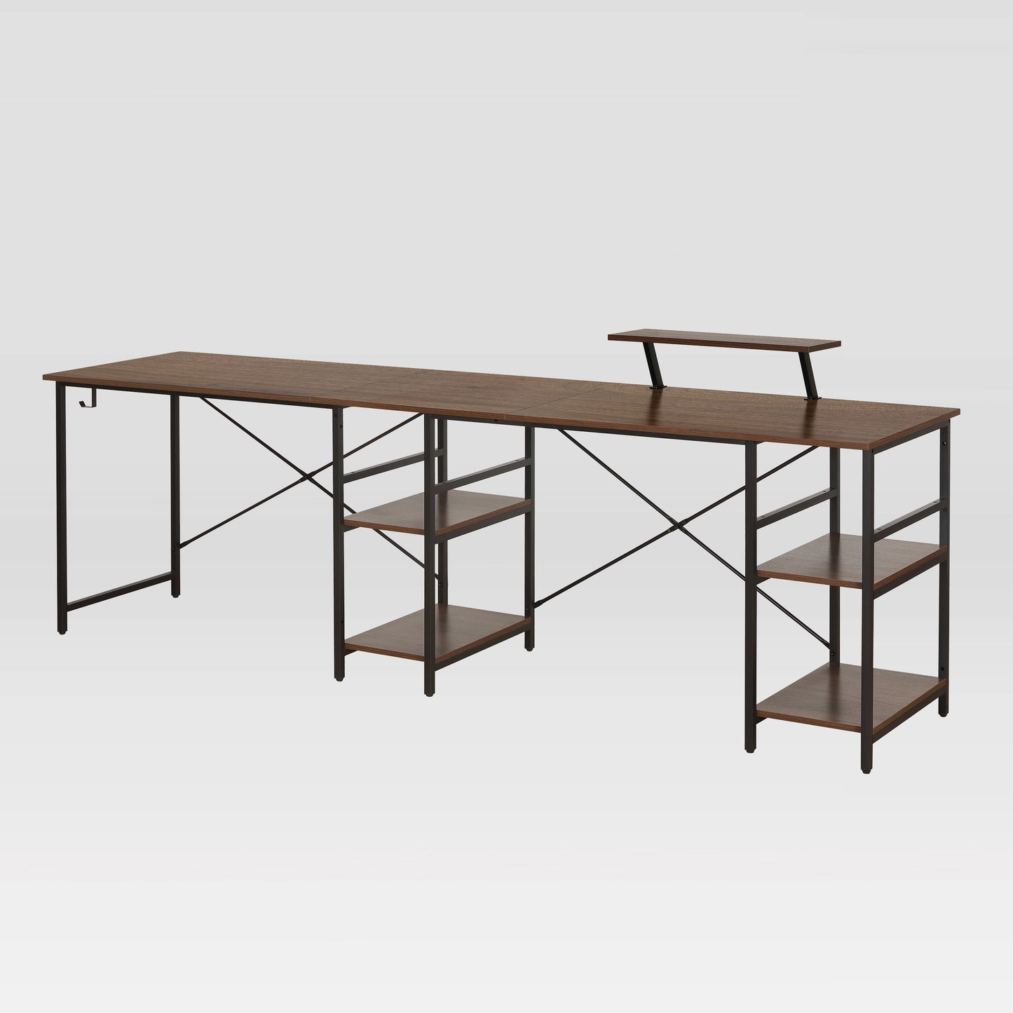 Techni Mobili L-Shape Industrial Desk with storage shelves, Walnut