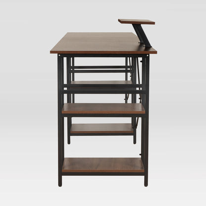 Techni Mobili L-Shape Industrial Desk with storage shelves, Walnut