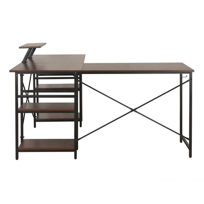 Techni Mobili L-Shape Industrial Desk with storage shelves, Walnut