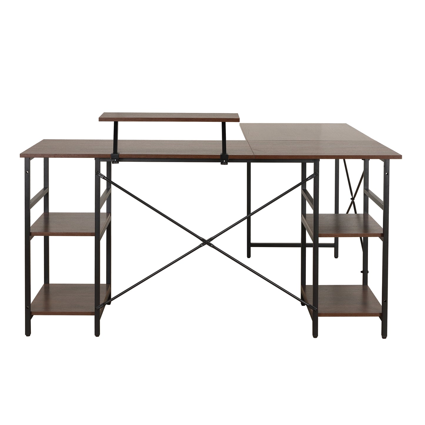 Techni Mobili L-Shape Industrial Desk with storage shelves, Walnut