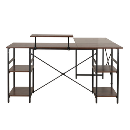 Techni Mobili L-Shape Industrial Desk with storage shelves, Walnut