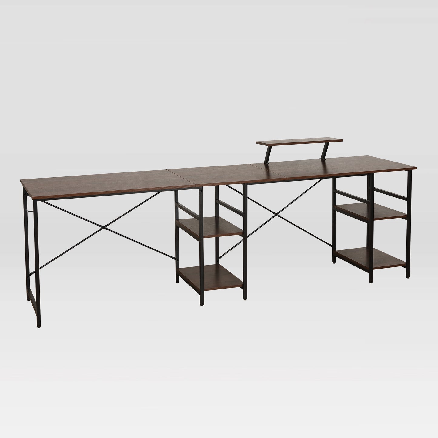 Techni Mobili L-Shape Industrial Desk with storage shelves, Walnut