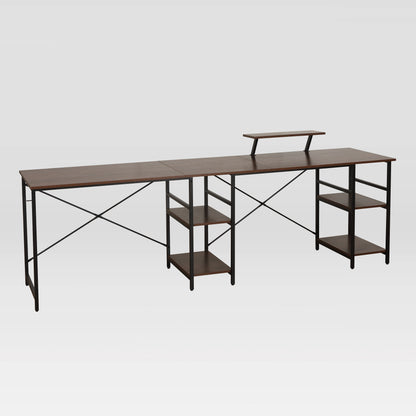 Techni Mobili L-Shape Industrial Desk with storage shelves, Walnut