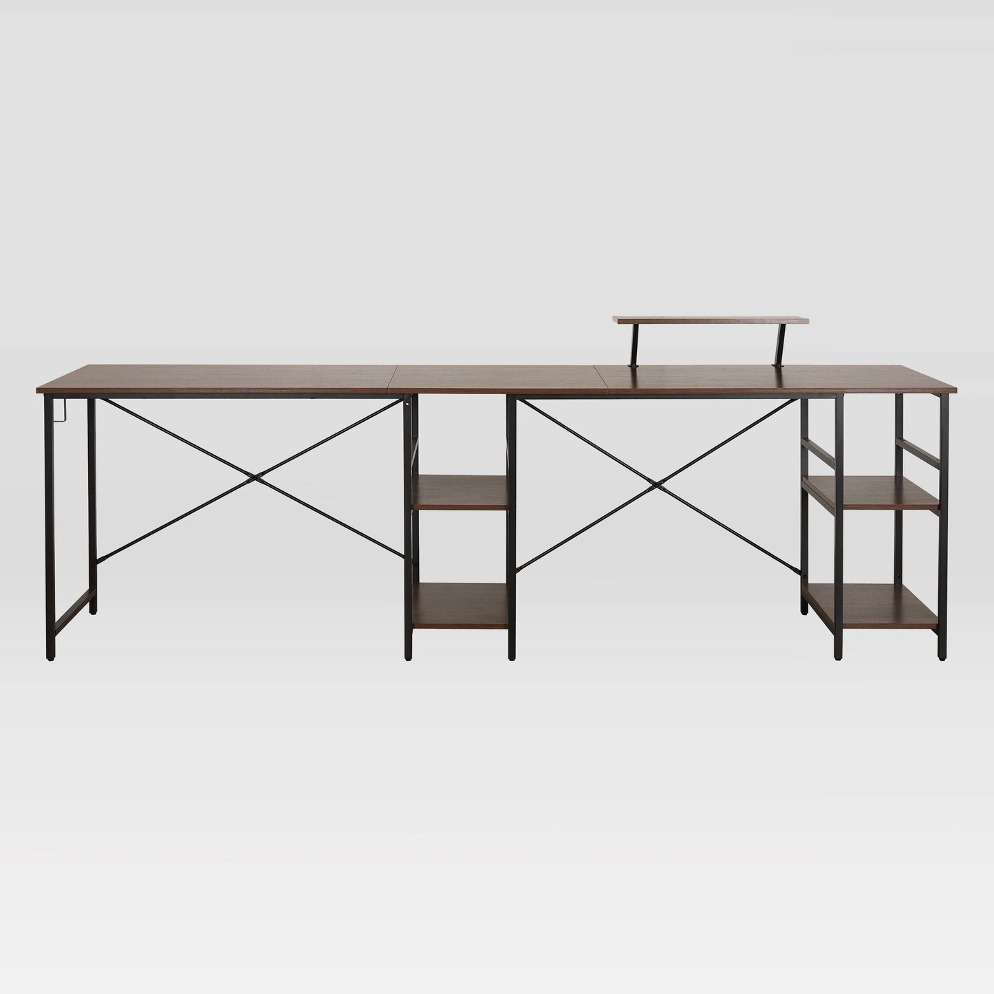 Techni Mobili L-Shape Industrial Desk with storage shelves, Walnut