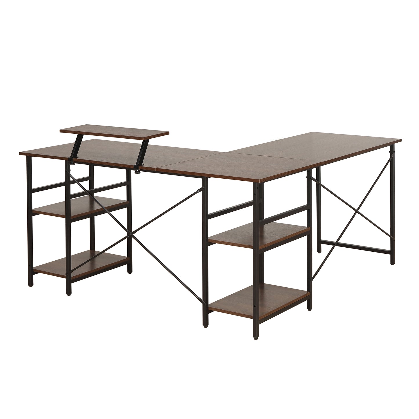 Techni Mobili L-Shape Industrial Desk with storage shelves, Walnut