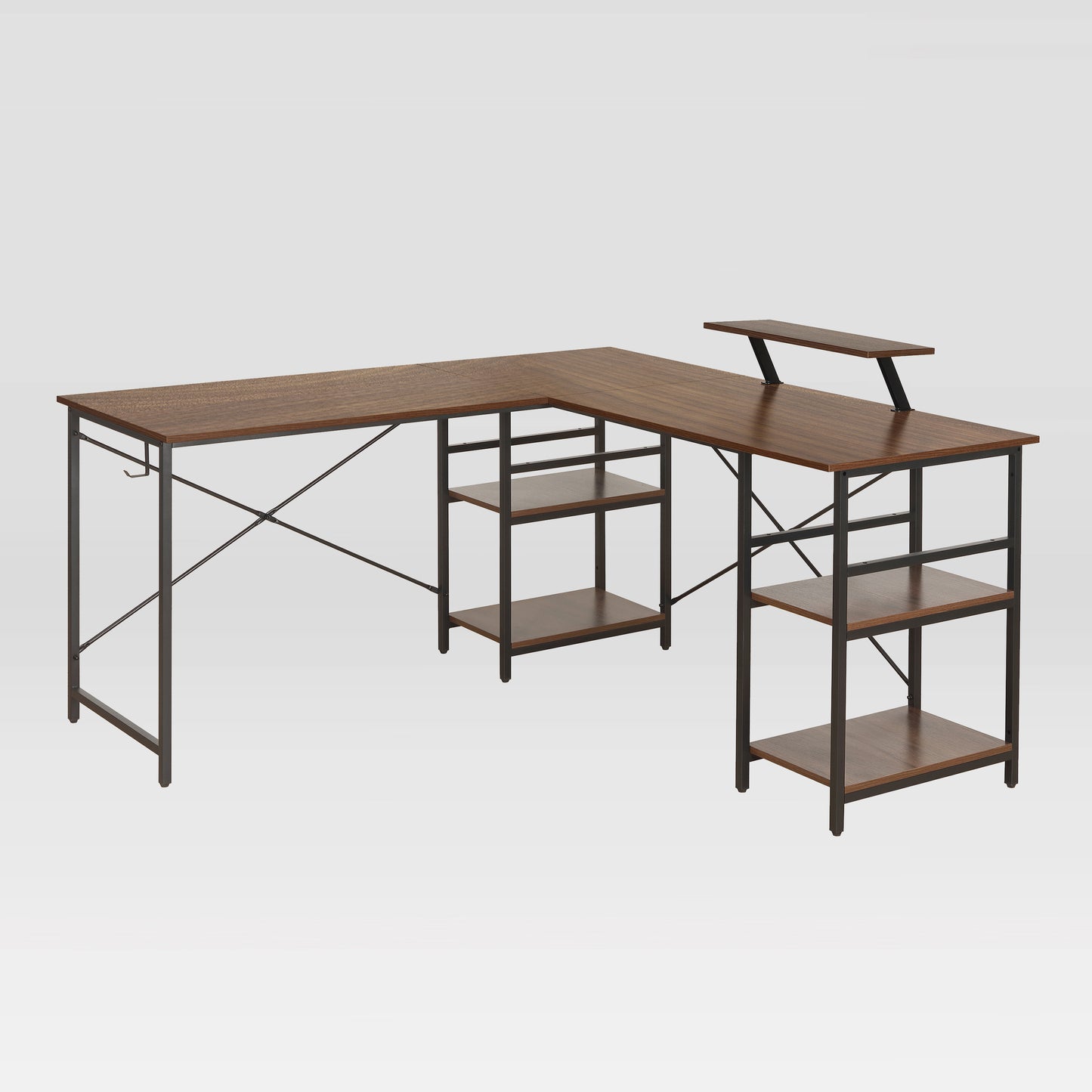 Techni Mobili L-Shape Industrial Desk with storage shelves, Walnut