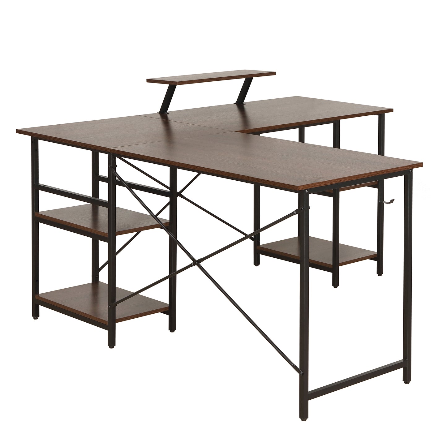Techni Mobili L-Shape Industrial Desk with storage shelves, Walnut