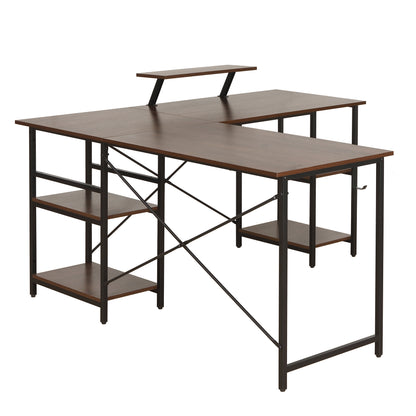 Techni Mobili L-Shape Industrial Desk with storage shelves, Walnut