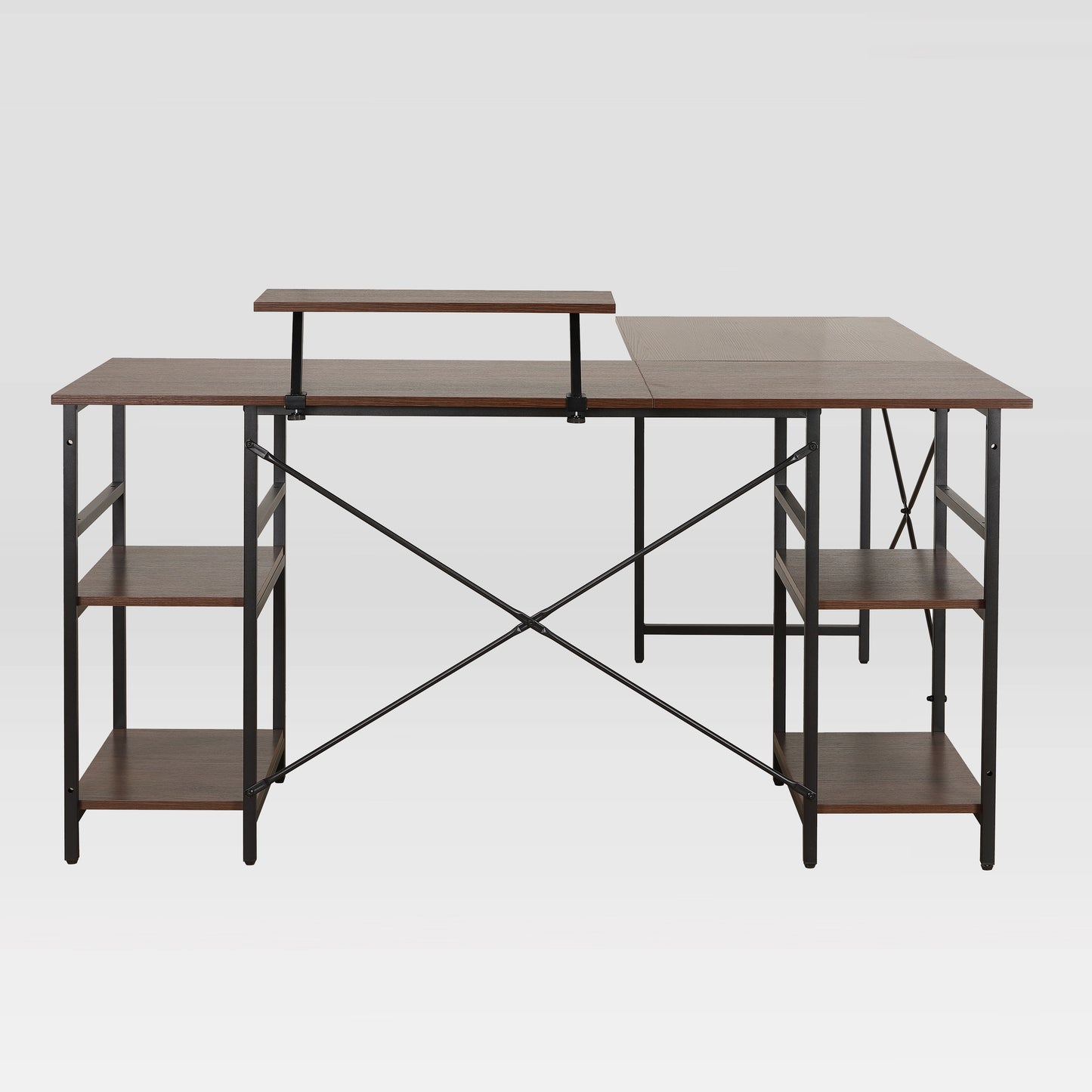 Techni Mobili L-Shape Industrial Desk with storage shelves, Walnut
