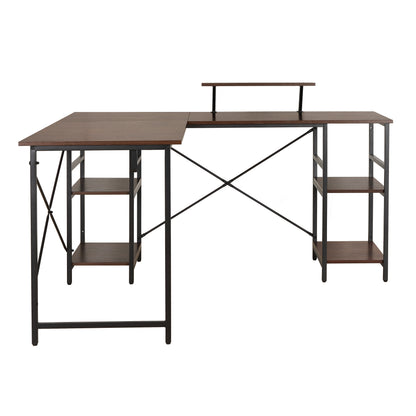 Techni Mobili L-Shape Industrial Desk with storage shelves, Walnut