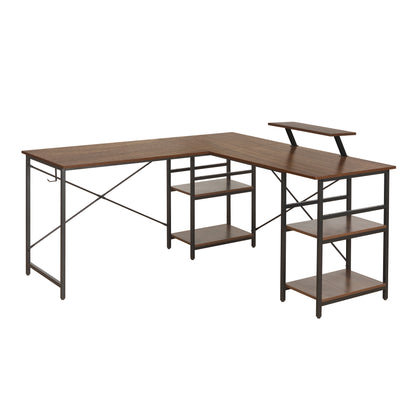 Techni Mobili L-Shape Industrial Desk with storage shelves, Walnut