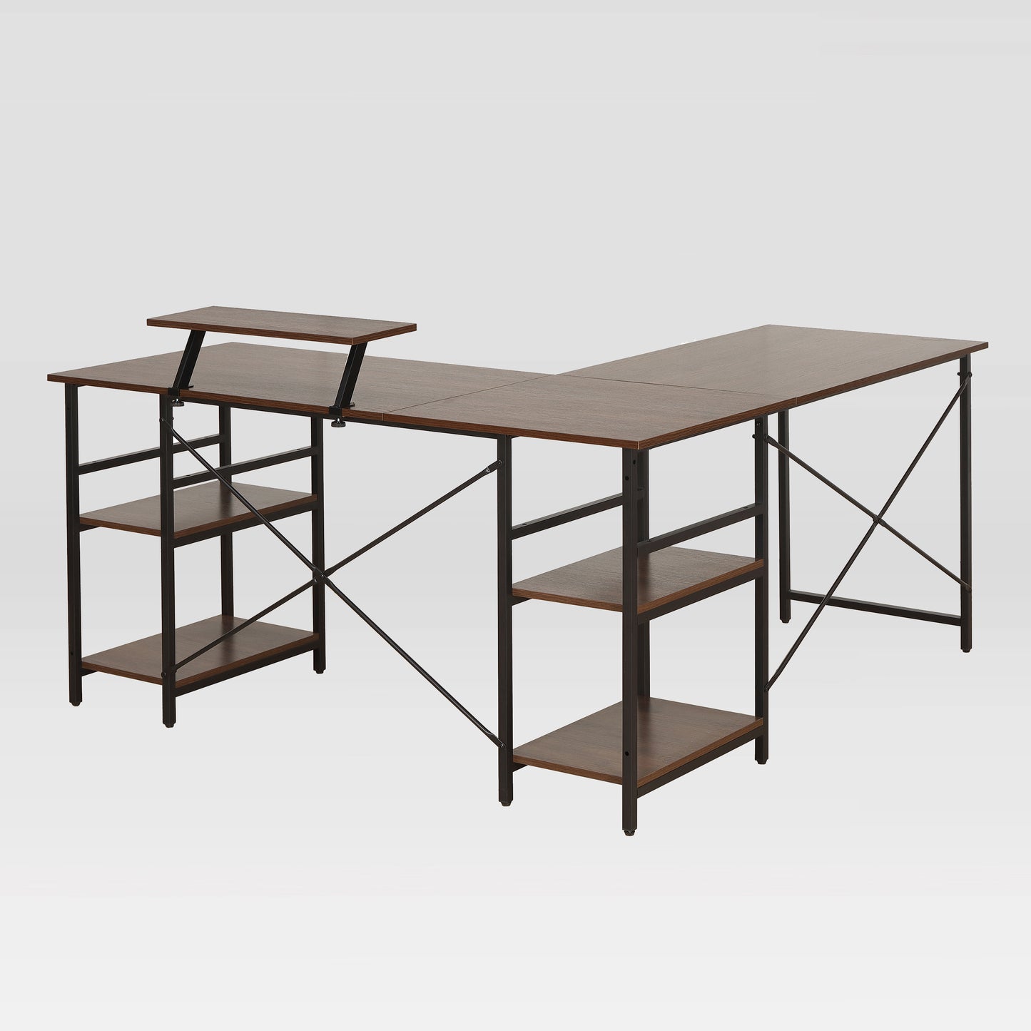 Techni Mobili L-Shape Industrial Desk with storage shelves, Walnut