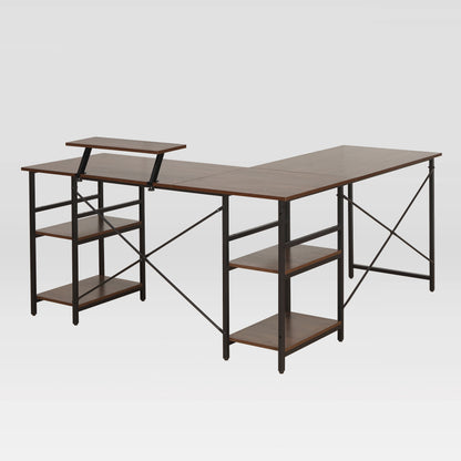 Techni Mobili L-Shape Industrial Desk with storage shelves, Walnut