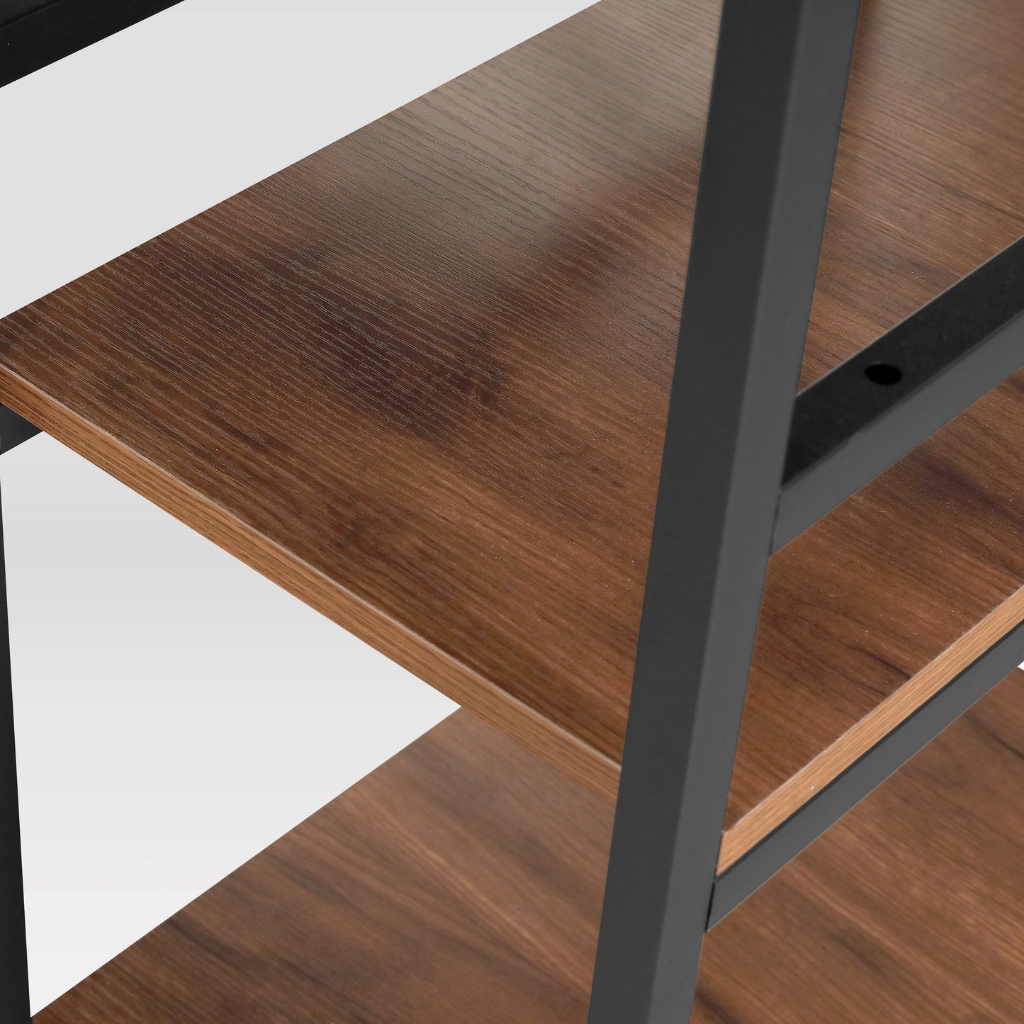 Techni Mobili L-Shape Industrial Desk with storage shelves, Walnut