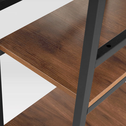 Techni Mobili L-Shape Industrial Desk with storage shelves, Walnut