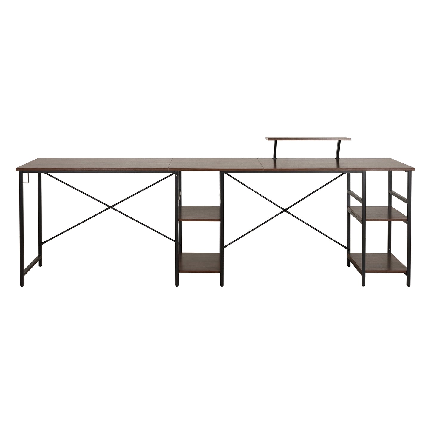 Techni Mobili L-Shape Industrial Desk with storage shelves, Walnut