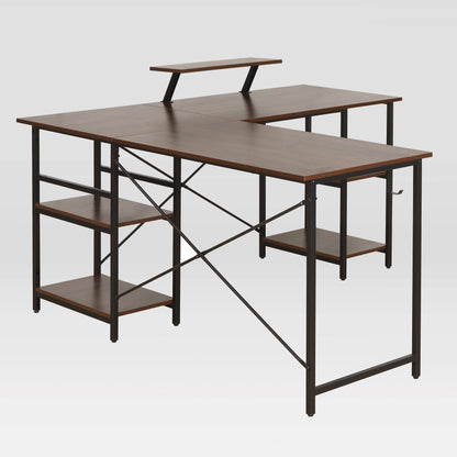 Techni Mobili L-Shape Industrial Desk with storage shelves, Walnut
