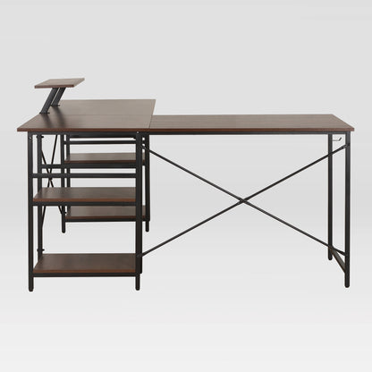 Techni Mobili L-Shape Industrial Desk with storage shelves, Walnut