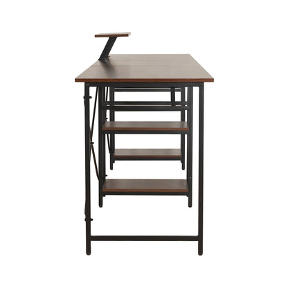 Techni Mobili L-Shape Industrial Desk with storage shelves, Walnut
