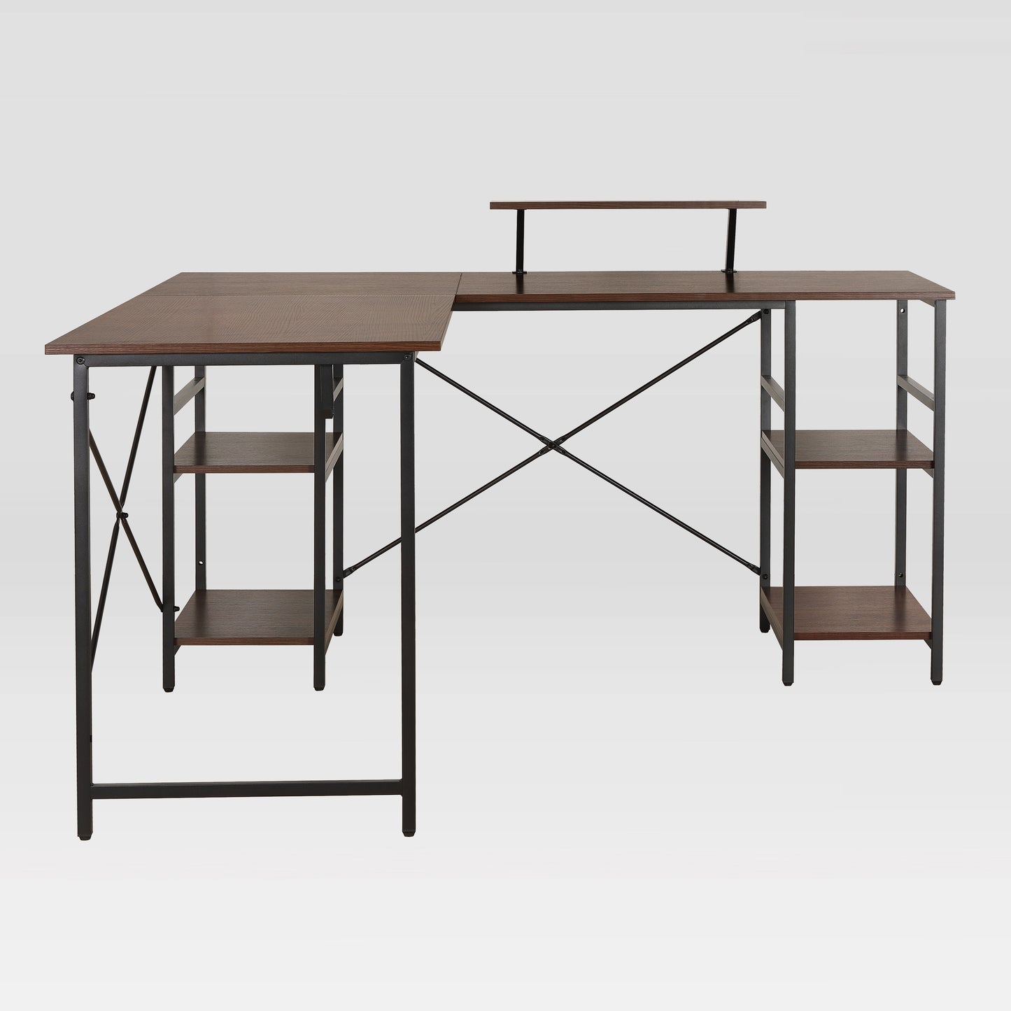 Techni Mobili L-Shape Industrial Desk with storage shelves, Walnut