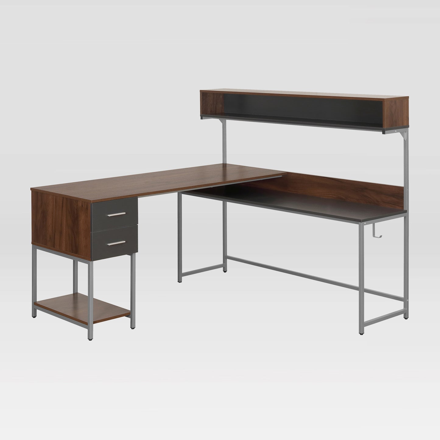 Techni Mobili L-Shape Desk with Hutch and Storage, walnut