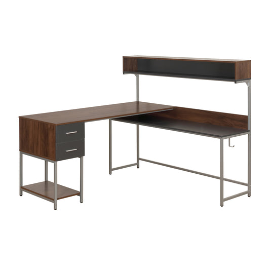 Techni Mobili L-Shape Desk with Hutch and Storage, walnut