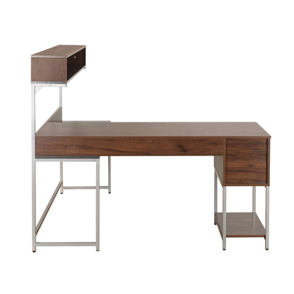 Techni Mobili L-Shape Desk with Hutch and Storage, walnut
