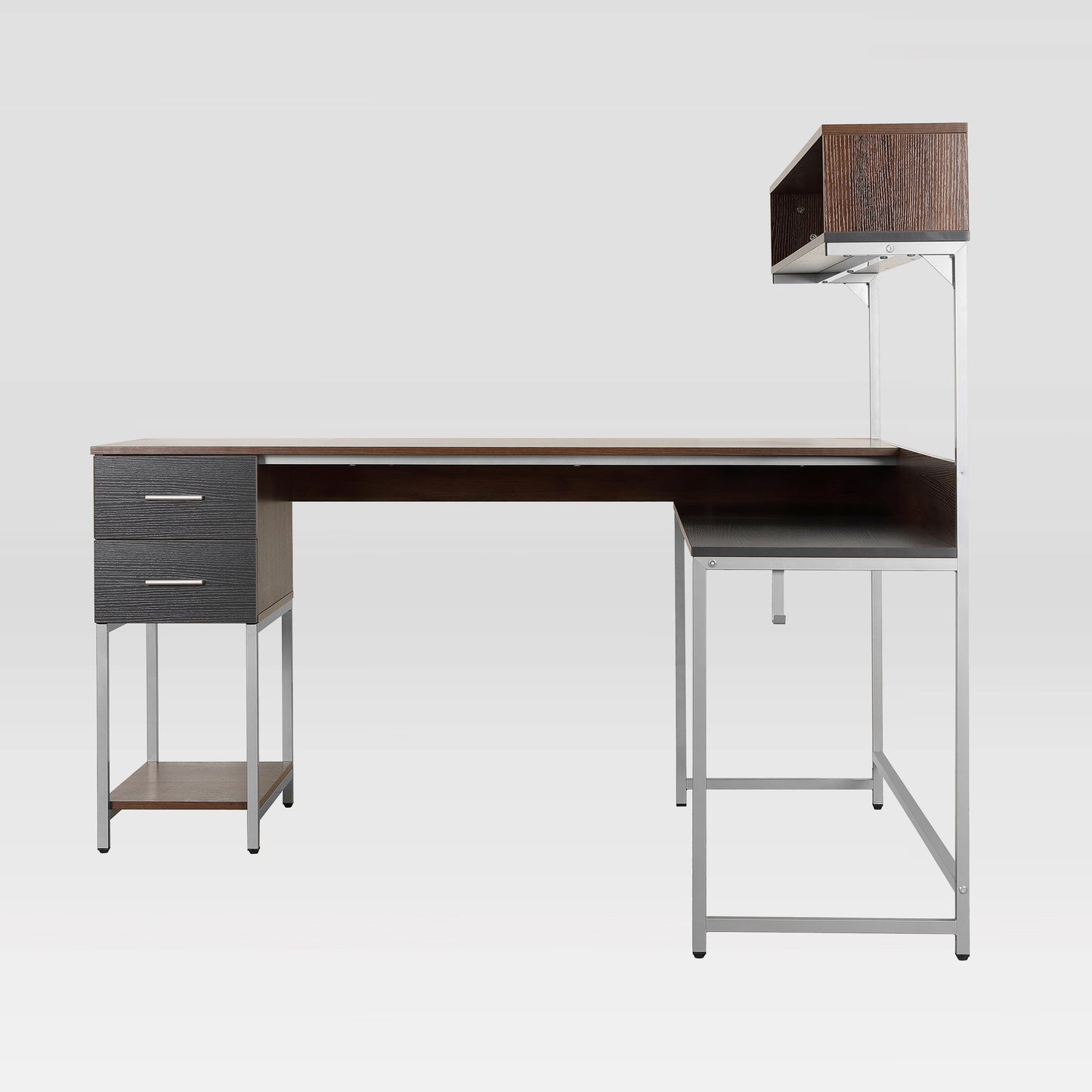 Techni Mobili L-Shape Desk with Hutch and Storage, walnut
