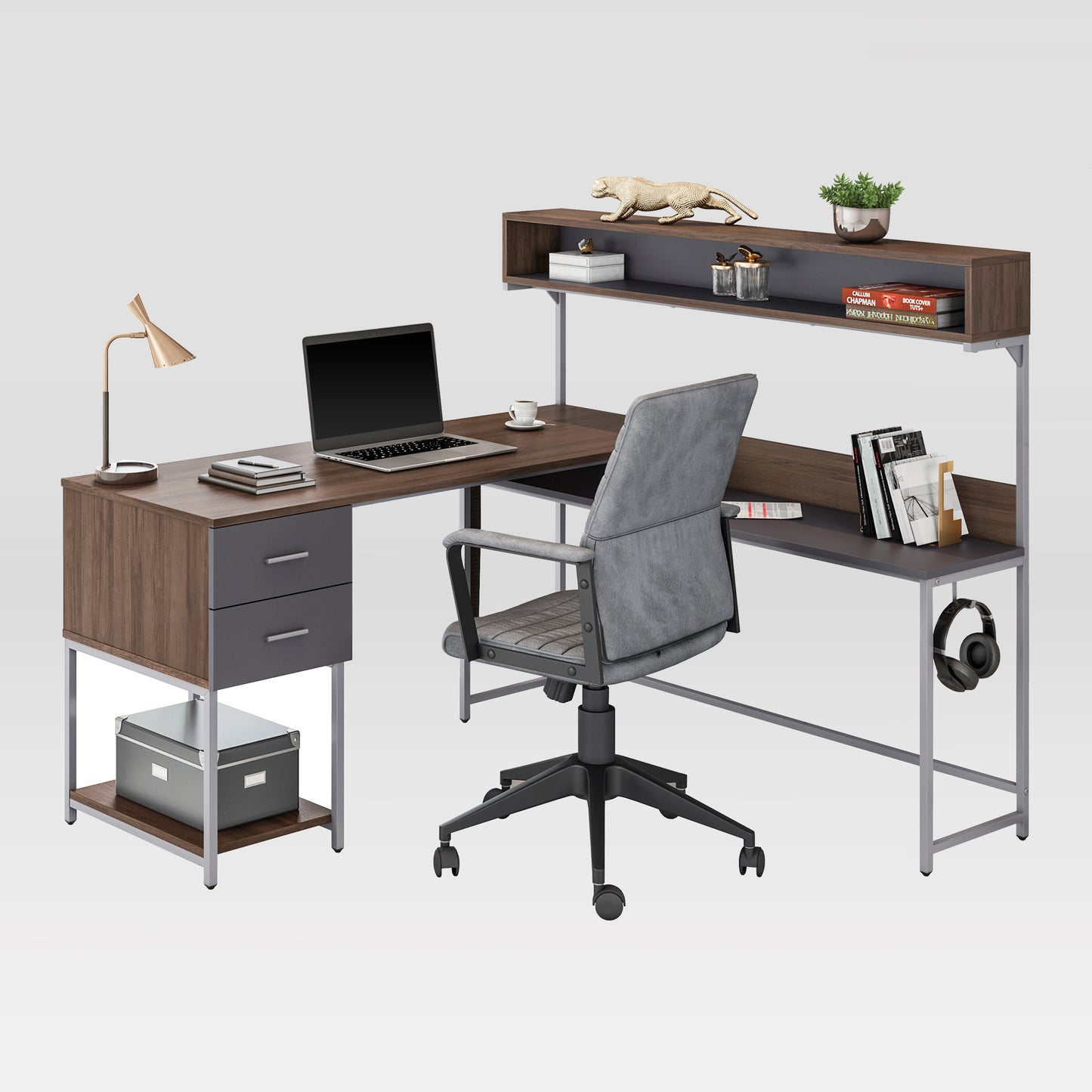 Techni Mobili L-Shape Desk with Hutch and Storage, walnut