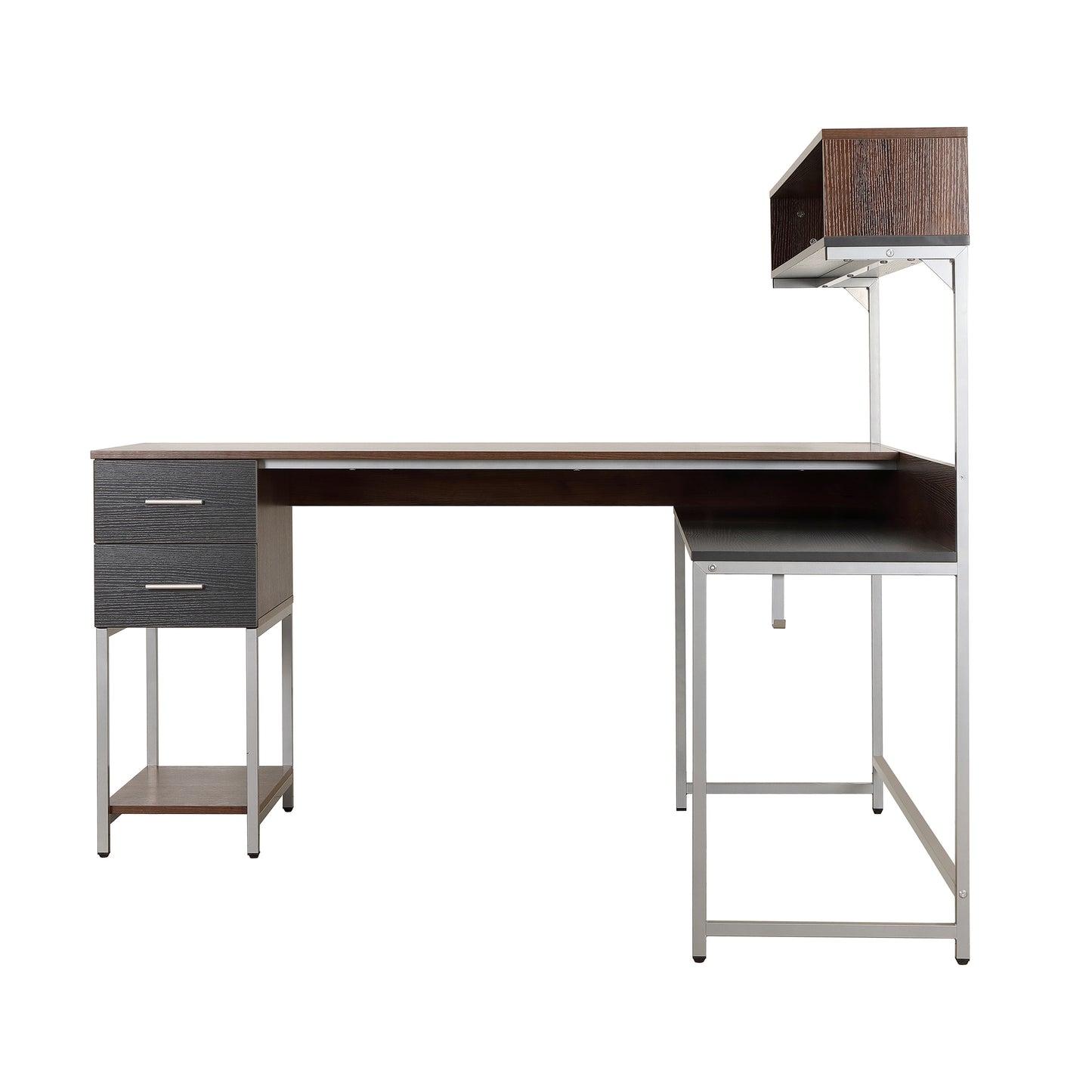 Techni Mobili L-Shape Desk with Hutch and Storage, walnut